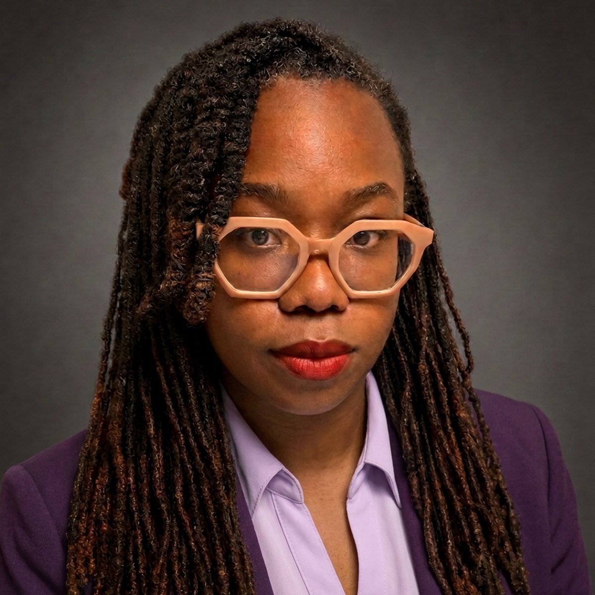 Professionelles Porträt von Nana Nwachukwu in lila Blazer und lavendelfarbener Bluse vor dunklem Hintergrund
