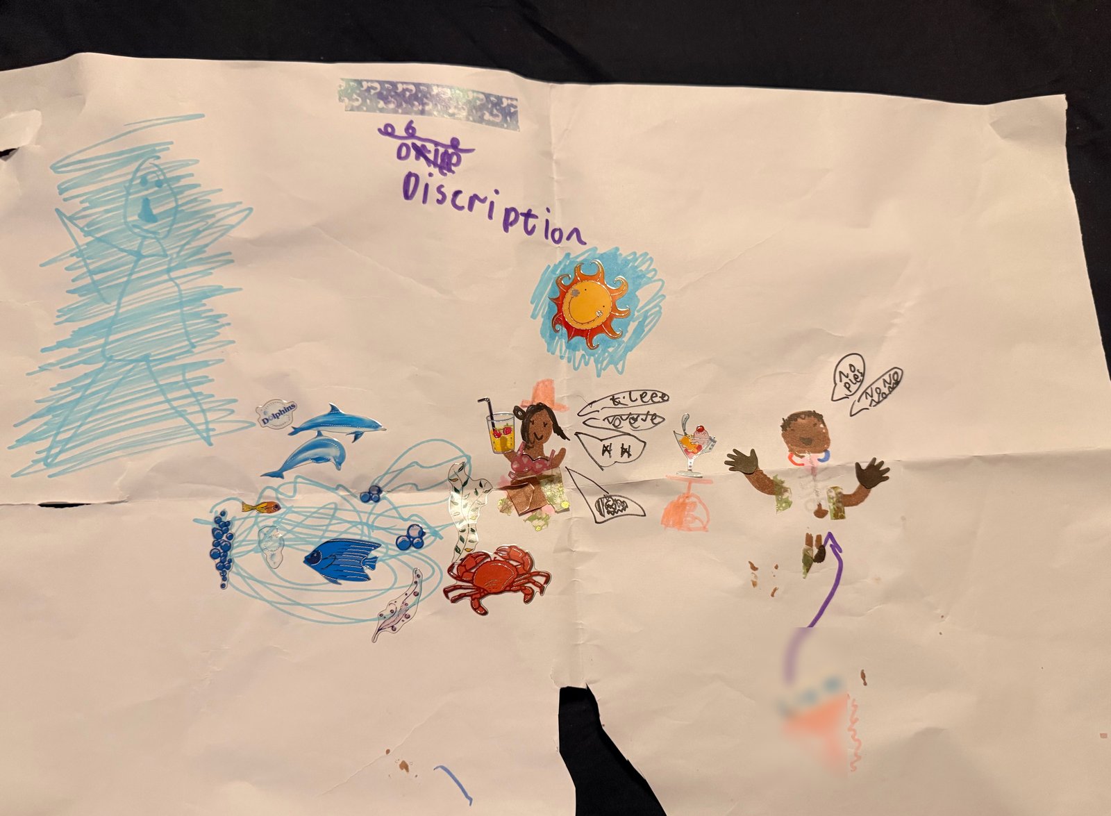 A big paper beach scene with stickers: a smiling sun, dolphins, fish, a crab, a girl with a drink, a boy waving, and speech bubbles, with the word "Discription" written in purple.