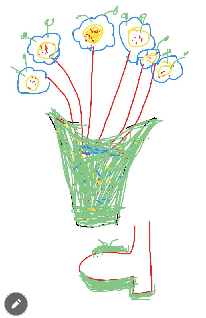 A digital drawing of six flowers with blue petals and yellow centres on red stems, in a green scribbled vase.