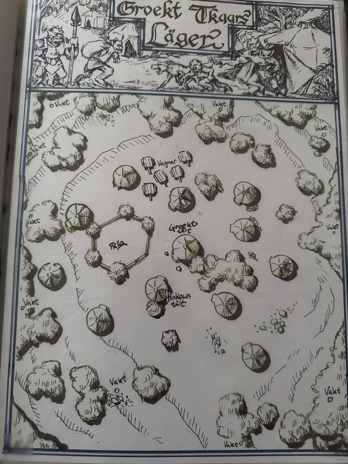 A hand-drawn fantasy camp map from the 1990s titled Groekt Tkaggs Läger, with tents, trees, guard posts and a camp scene across the top.