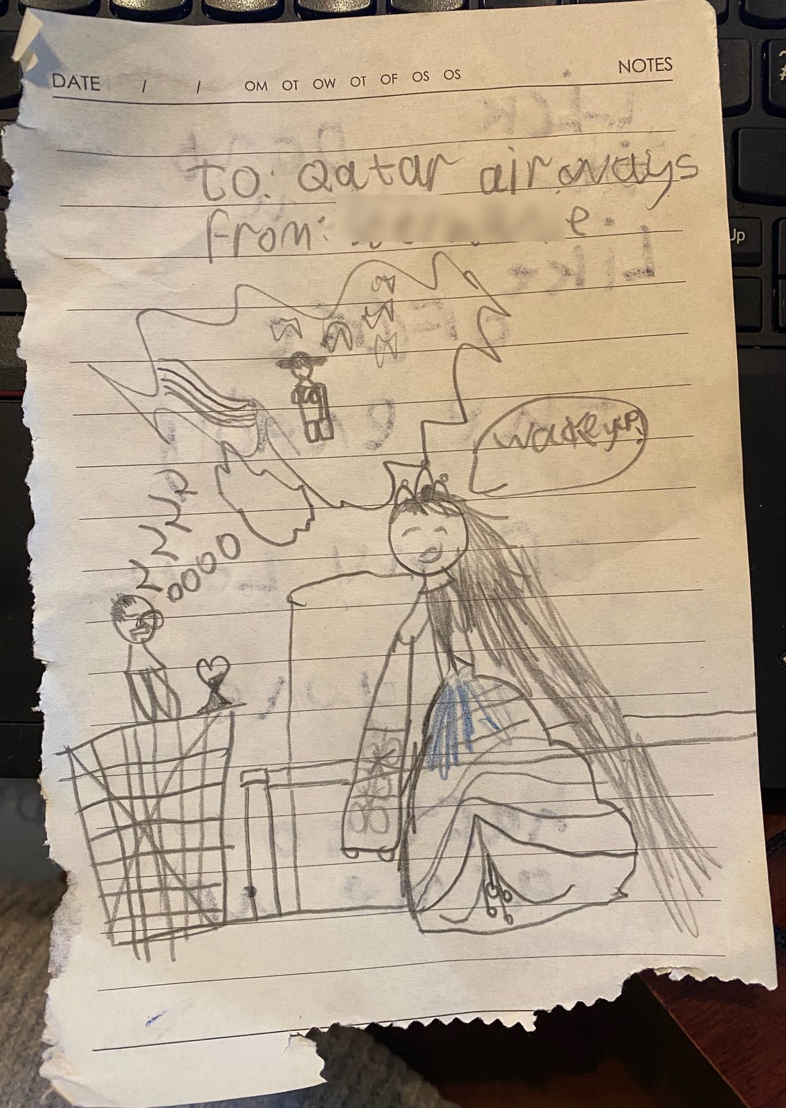 A pencil drawing on lined notepaper headed "to: qatar airways". A flight attendant with long hair says "wake up!" to a passenger snoring "zzz" in a seat.