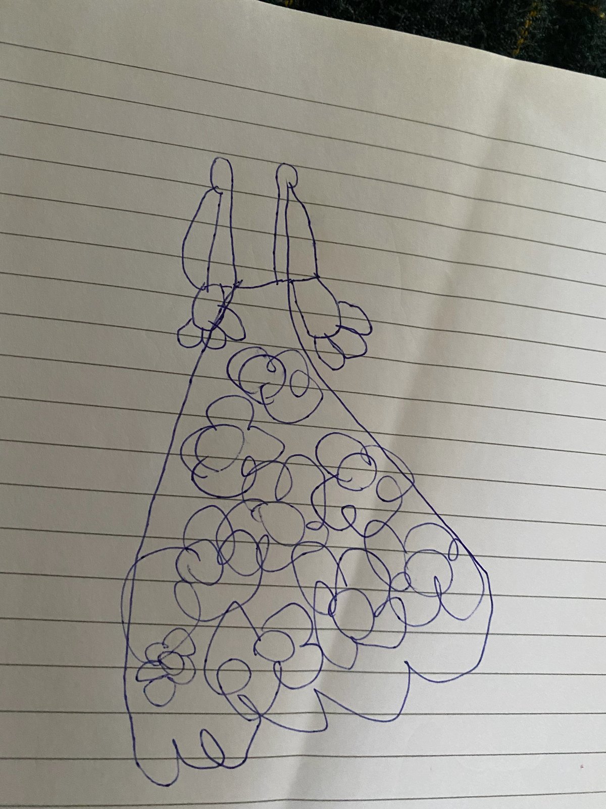 A blue pen drawing of a long dress with thin straps and a skirt covered in little flowers, on lined paper.