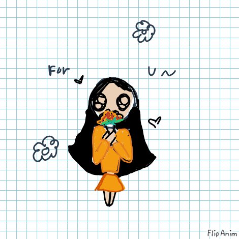 A FlipAnim drawing of a girl with long black hair in an orange outfit, holding orange flowers, with hearts and the words "For U ~".