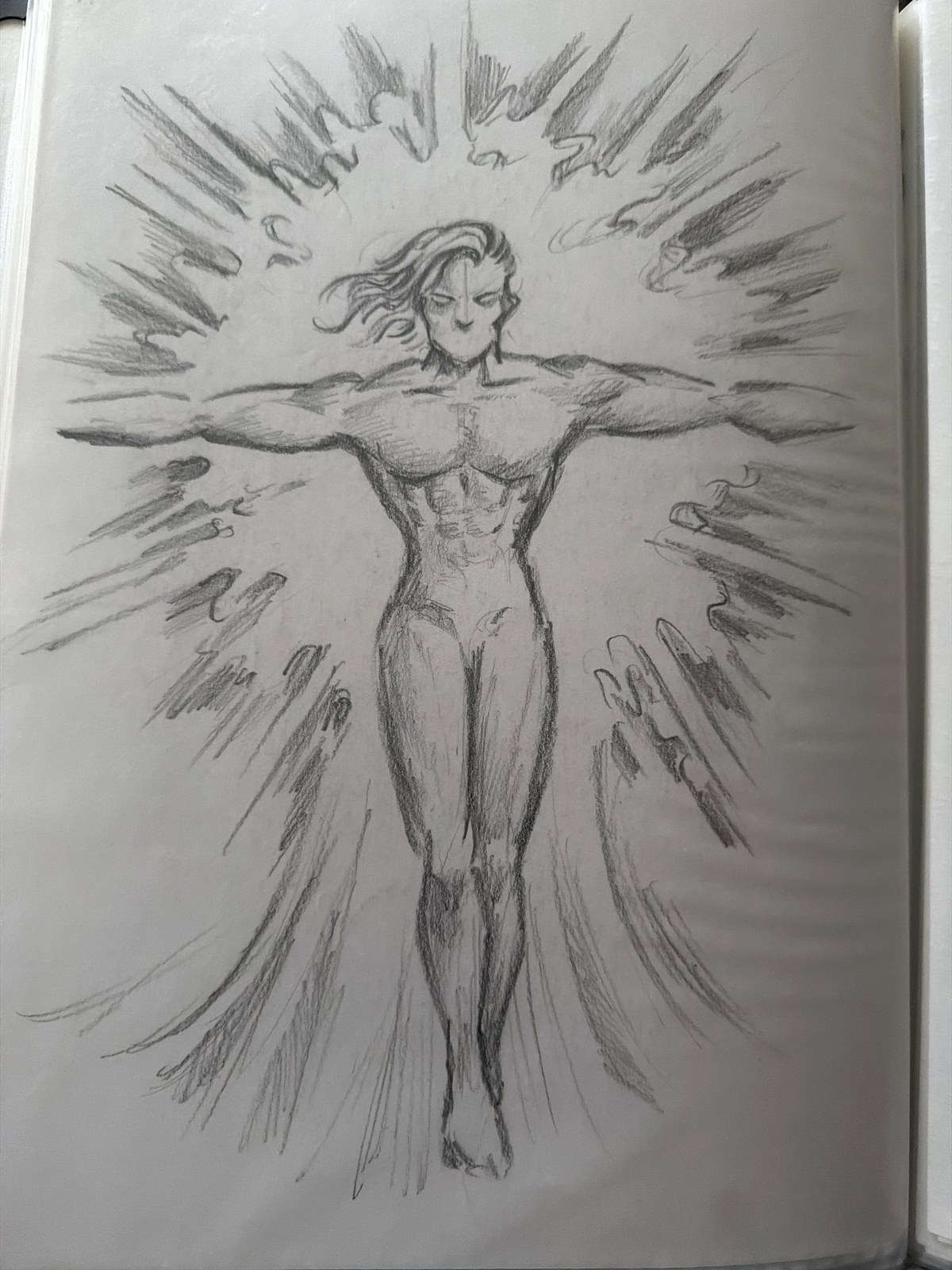 A pencil drawing from the 1990s of a glowing figure with outstretched arms in a burst of light.