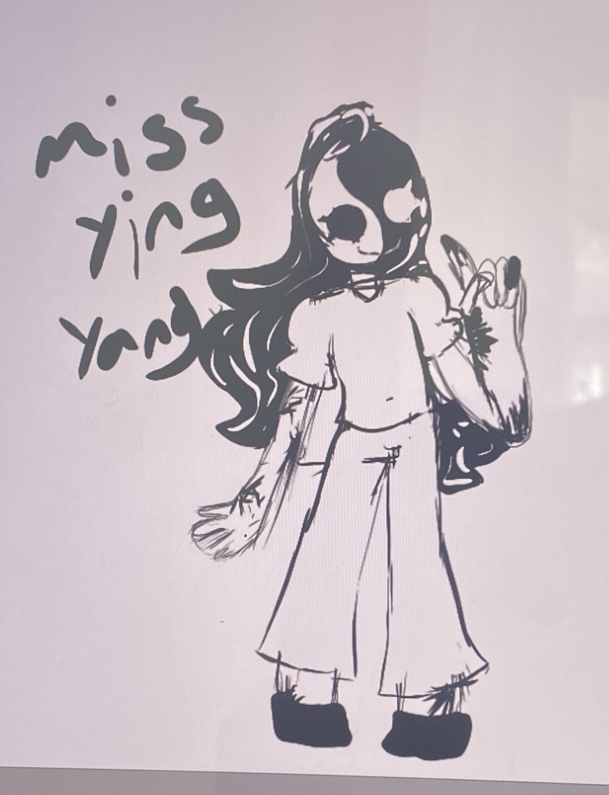 A digital sketch of a girl with long, wavy dark hair, a white top and wide trousers, holding up one hand. The words "miss ying yang" are written beside her.
