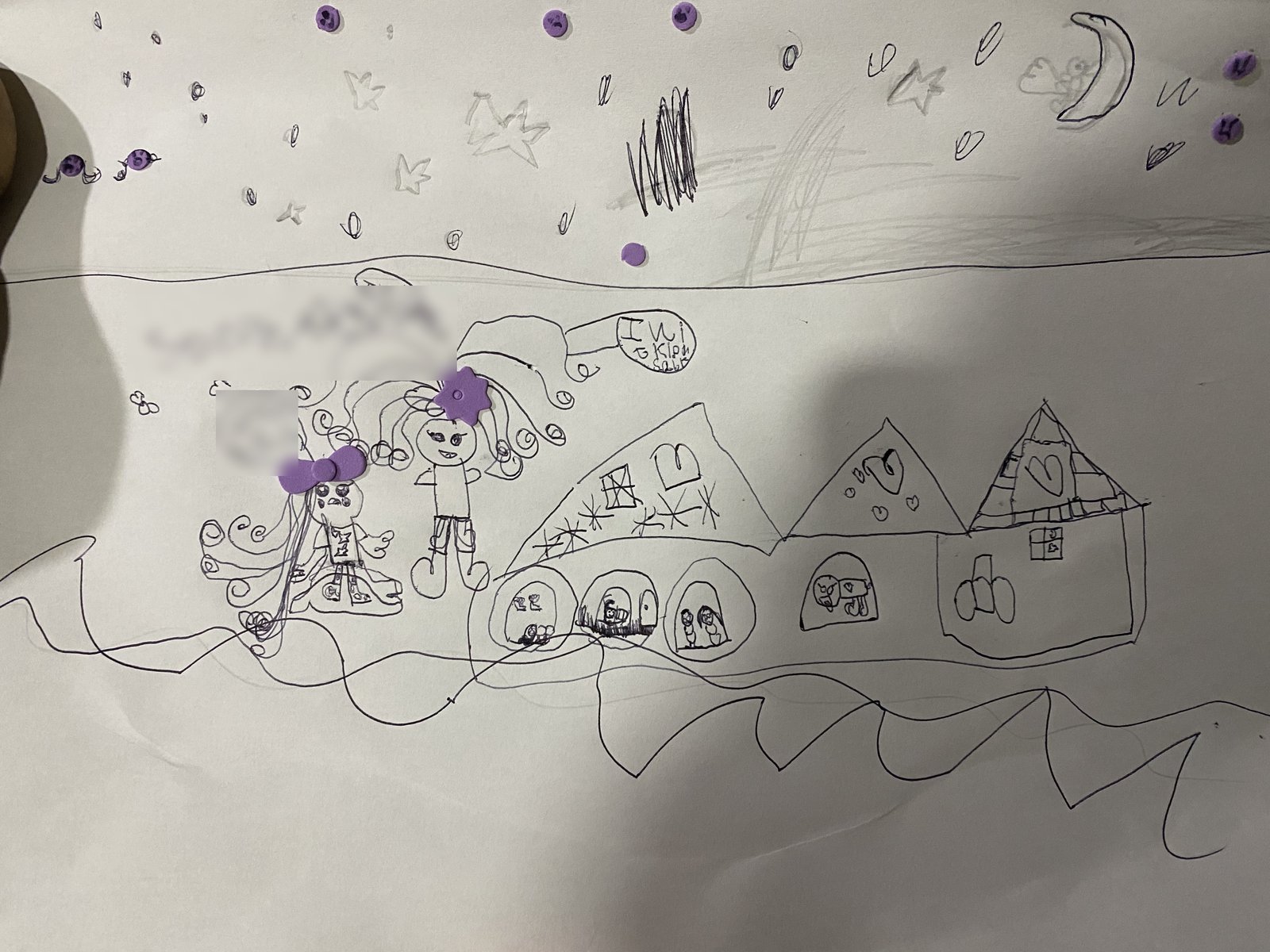 A pen drawing of a night sky with stars, a moon and purple dots over a row of houses, with two girls with curly hair and purple bows in front.