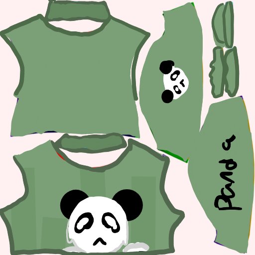 Sewing-pattern pieces of a green jumper with a panda face, on a pink background, with the word "Panda" written down the side.