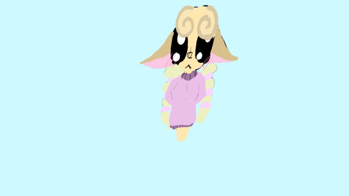 A character with ram horns and cream pigtails in a lilac turtleneck jumper, on a light blue background.