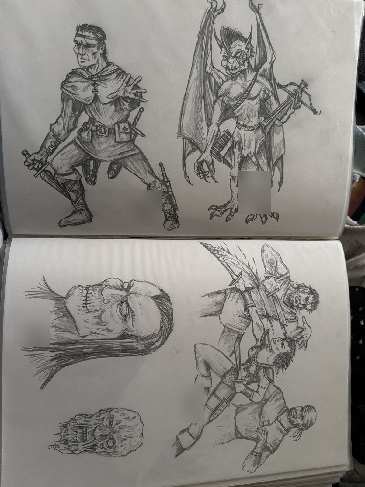 A 1990s sketchbook spread with a warrior, a winged gargoyle with a crossbow, two skull heads and a sword fight. Names in the signatures are blurred.