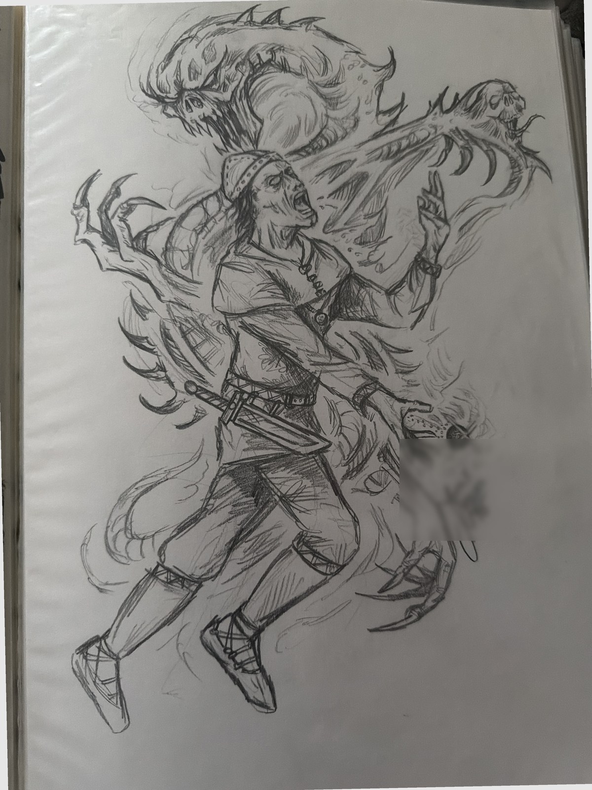 A pencil drawing from the 1990s of a man screaming as a ghostly skeletal creature grabs him. The artist's name is blurred.