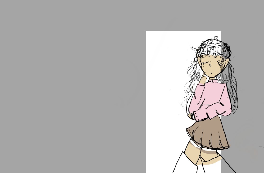 A sketch of a winking girl with long wavy hair, a pink jumper and a brown pleated skirt, one finger on her chin.