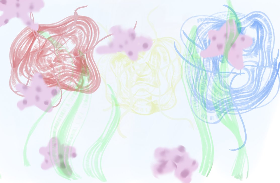 Soft abstract swirls in red, yellow and blue with pink blobs floating on a white background.