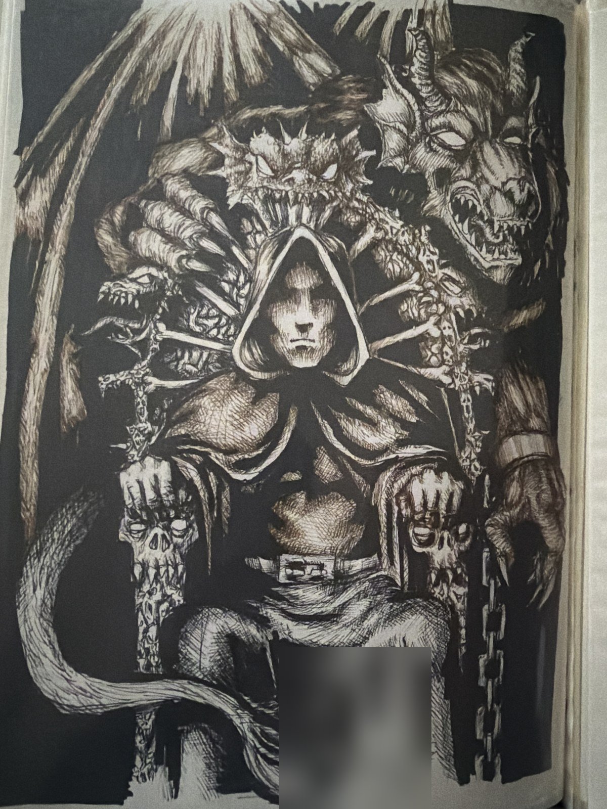 An ink drawing from the 1990s of a hooded figure on a throne with dragons and skulls. The artist's name is blurred.