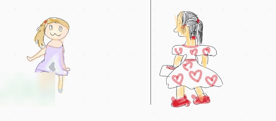 Two digital drawings side by side: a blonde girl in a lilac dress, and a girl seen from behind in a white dress with red hearts and red shoes.
